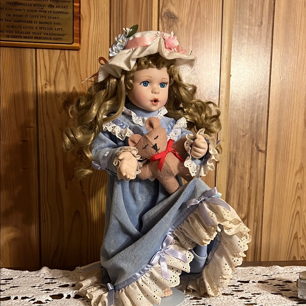 A kiss goodnight Porcelain Doll in Blue Dress with Teddy Bear